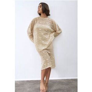 ZARA beige cream wool Medium Large Ecru Pointelle Knit Dress and sweater